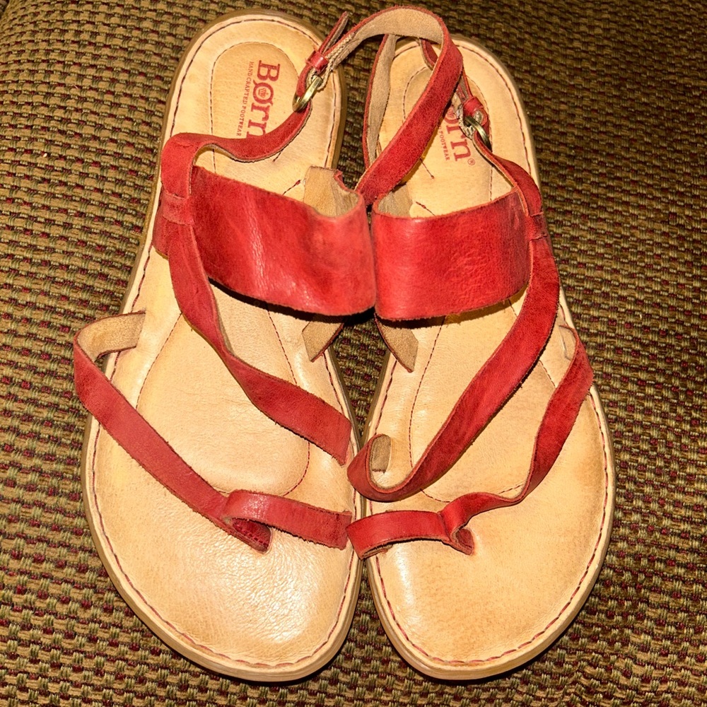 Born Womens FAVIGNANA Red Strappy Leather Flatform Sandals size 9
